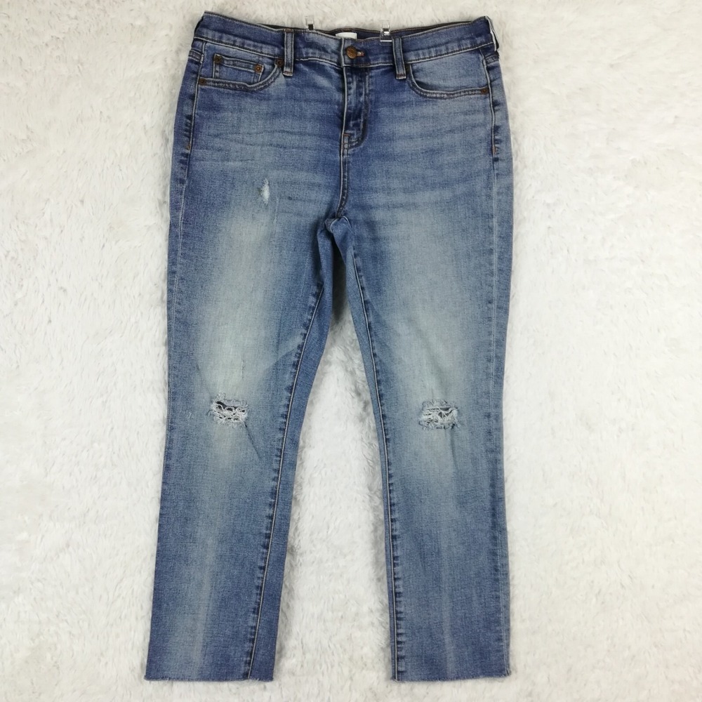 J. Crew Jeans Womens Crop Blue Denim Medium Wash Ripped Whiskering Raw Hem 29